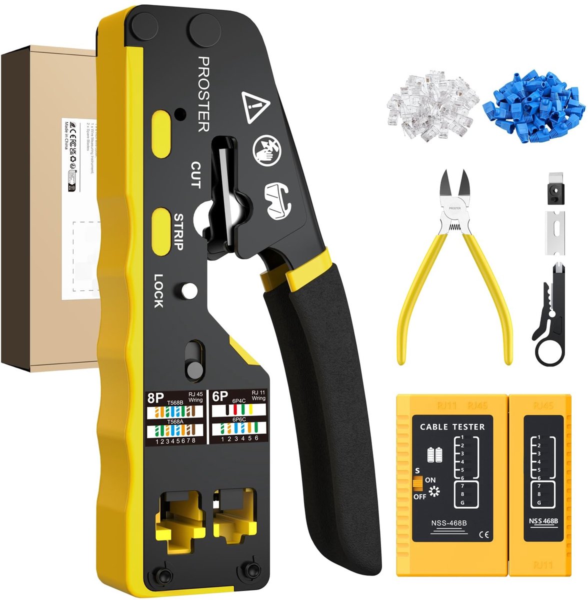 SolidKeus - RJ45 Pass Through Crimp Tool Kit met 50 CAT6 Connectoren en Kabeltester