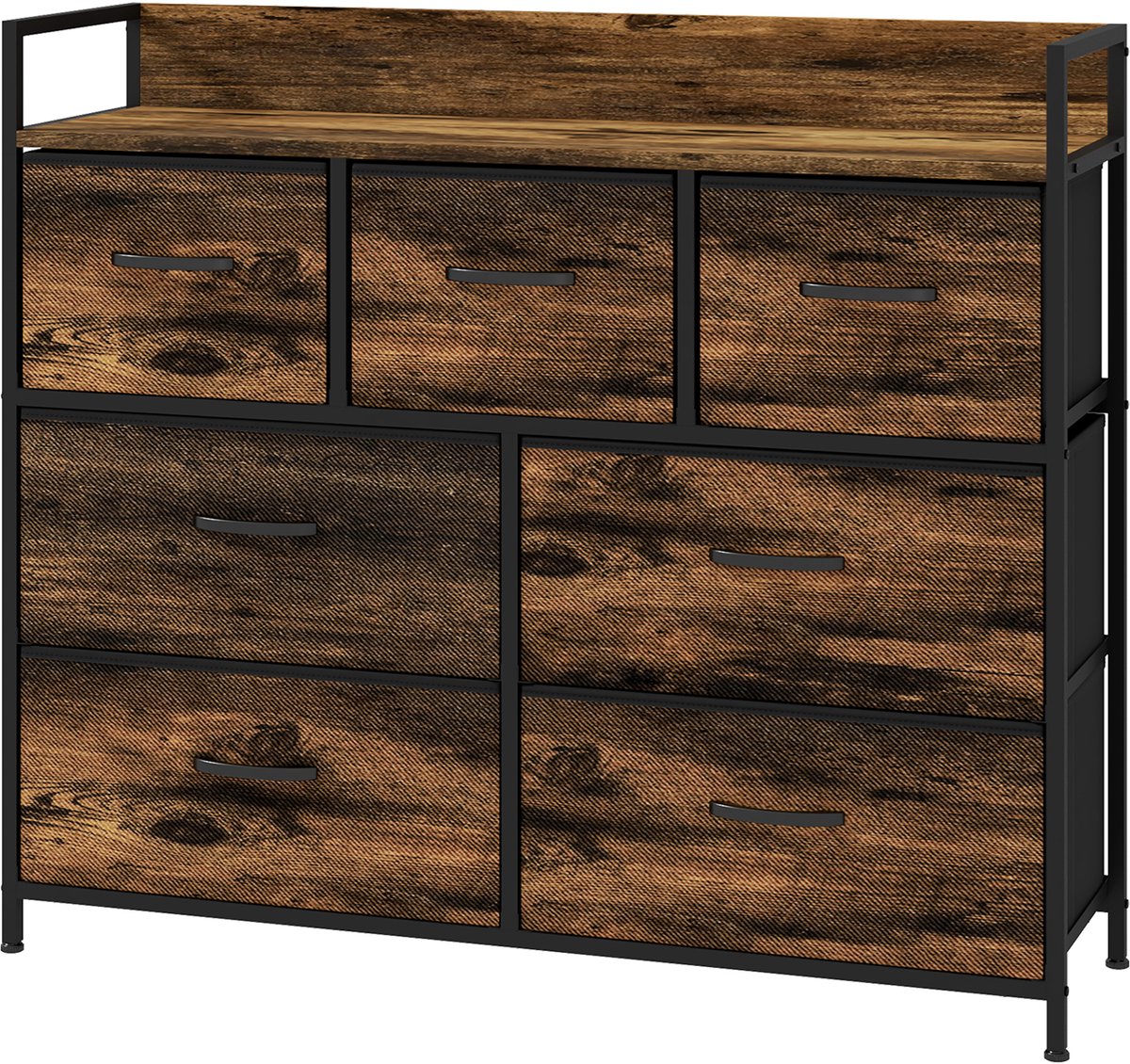 Commode-dressoir met 7 stoffen laden-industrieel design-stalen frame-98x29x85cm-bruin/zwart