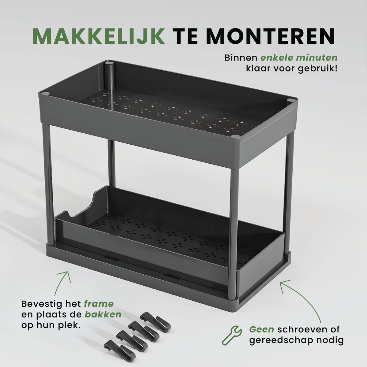 Caryota Keukenkast Organizer - Uitschuifbare Lade voor Gootsteenkast of Badkamer - Dubbellaags - Uitrekbaar - 39,7 x 22 x 35 cm - Kunststof - Zwart — cadeau in Cadeau-ideeën - foto 5
