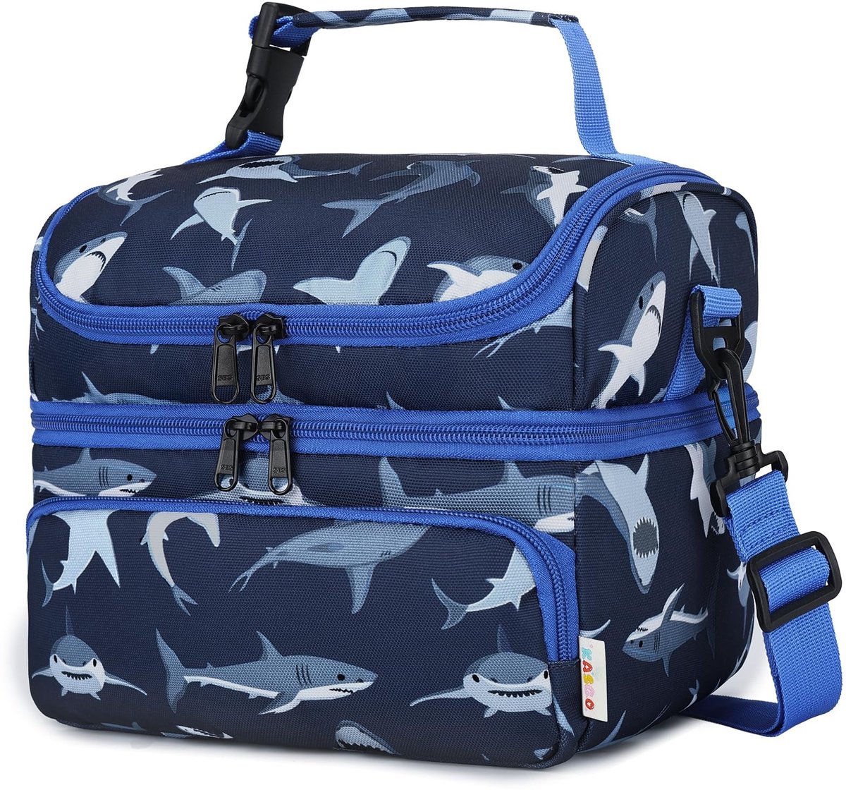 SolidKeus - Geïsoleerde Lunchtas voor Kinderen met 2 Compartimenten en Afneembare Schouderriem - Navy Blauw Haai