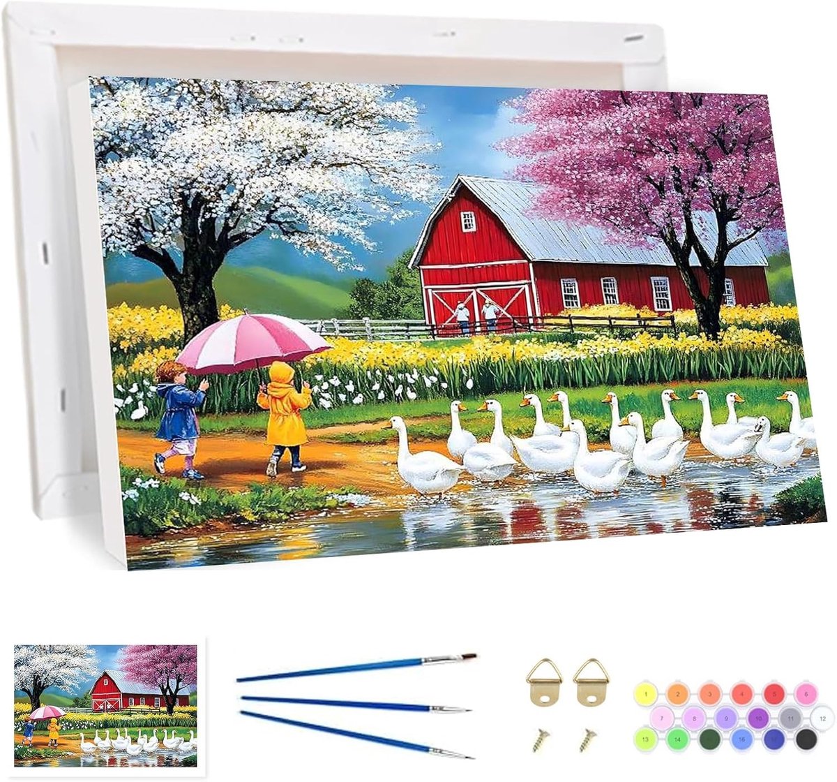 SnelShoppen - Schilderen op Nummer voor Volwassenen - Witte Gans Landschap - Complete Schilderset met Acrylpigmenten en Houten Ezel - 20 x 30 cm - Cre