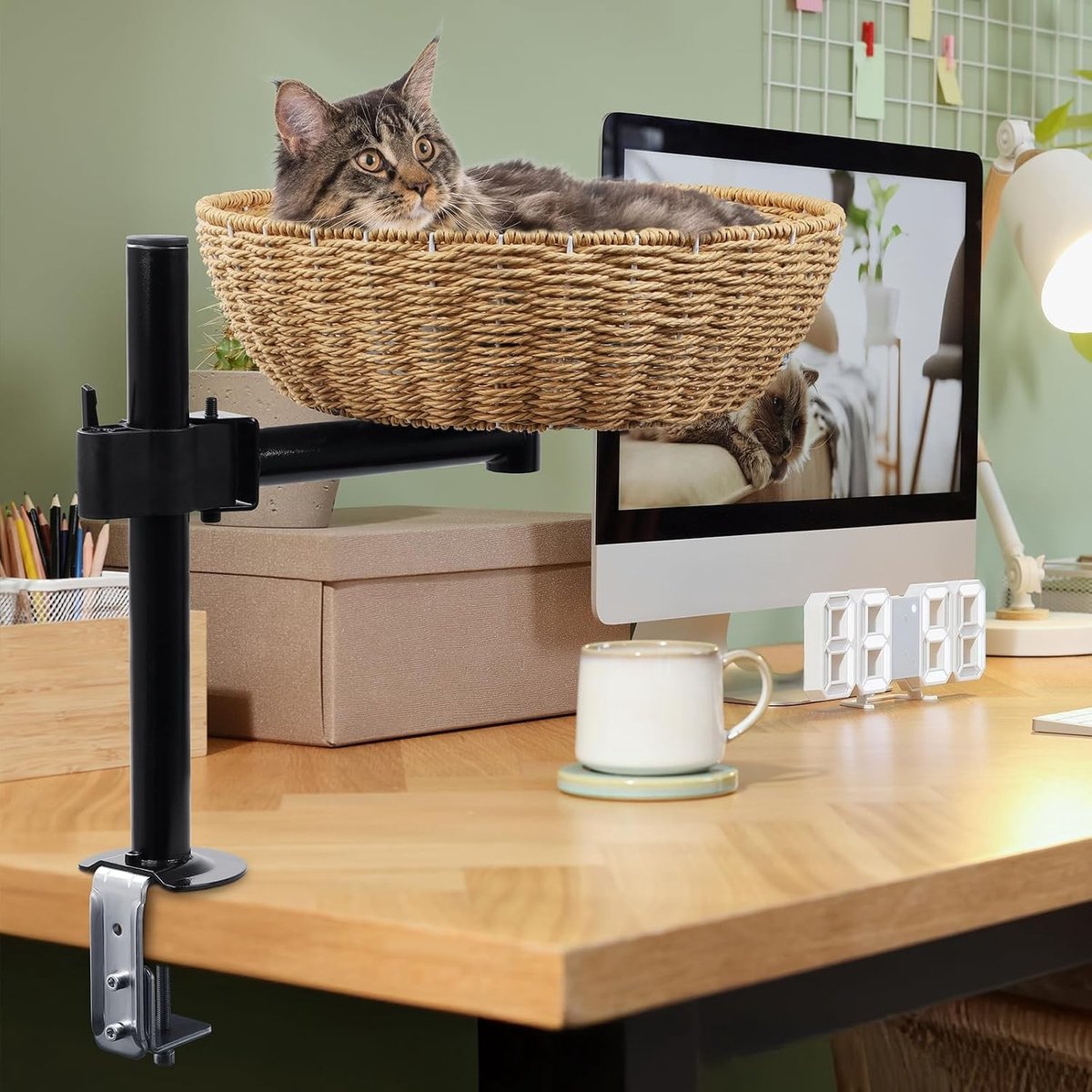 Kattenstoel op pootjes - Grijs - Verstelbaar 360° Draaiend Kattenbed van Metaal - Voor Kittens en Katten op Bureau