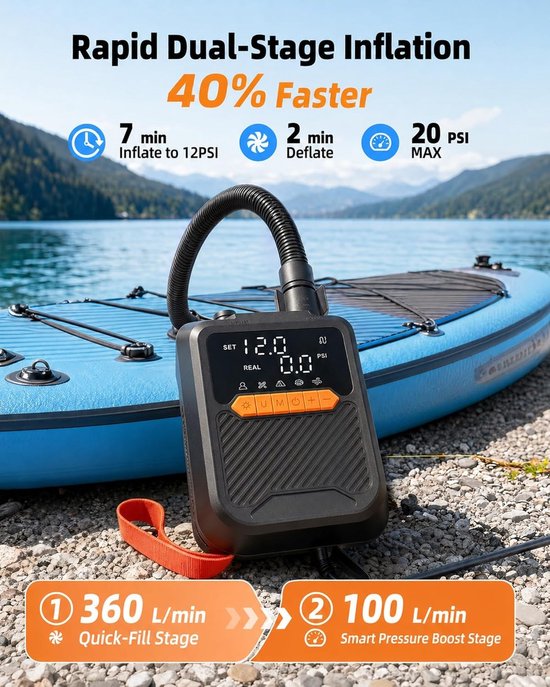 Elektrische SUP-pomp 20 PSI - Draagbare Hogedruk Luchtpomp voor Outdoor Gebruik — afbeelding 4