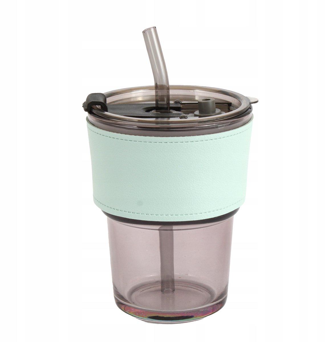 Glazen Thermische Mok 400ml met Rietje & Kunstleren Handvat - Mint