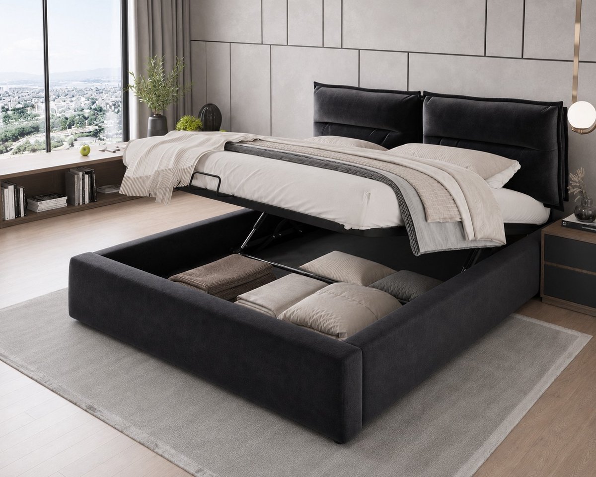 Gestoffeerd bedframe - voor matras 140 x 200 cm - zwart - met opbergruimte en lattenbodem - matras niet inbegrepen - voor de slaapkamer