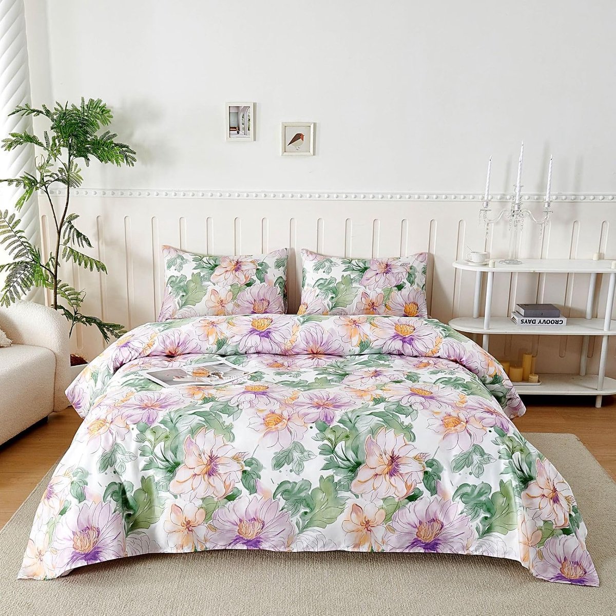 3-Delig Microvezel, Lakenset 90x190/200 cmmet 1 Kussenslopen 50 x 80cm,1 Hoeslaken & Vlakke Laken, Flower Journey Paars
