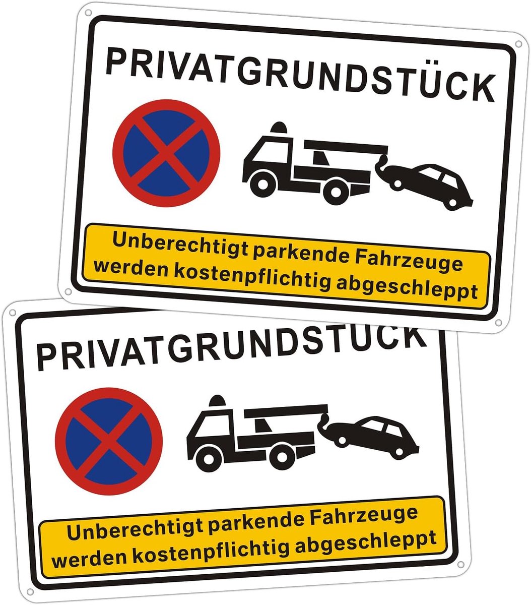 Set van 2 Privacybordjes, 30 x 20 cm, parkeerplaatje, niet toegestaan parkeren met voertuigen, wordt tegen betaling weggesleept, metaal, aluminium, parkeerplaats, bord, waterdicht, uv-bescherming