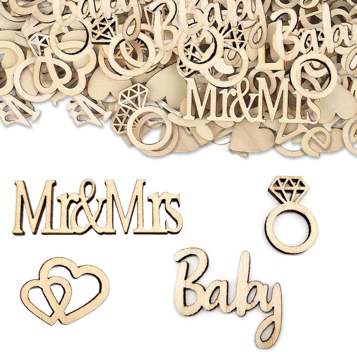 Confetti, bruiloftsdecoratie, Mr en Mrs houten hartjes, letterdecoratie, bruiloft, tafeldecoratie met strooidecoratie voor bruidstafel en feest