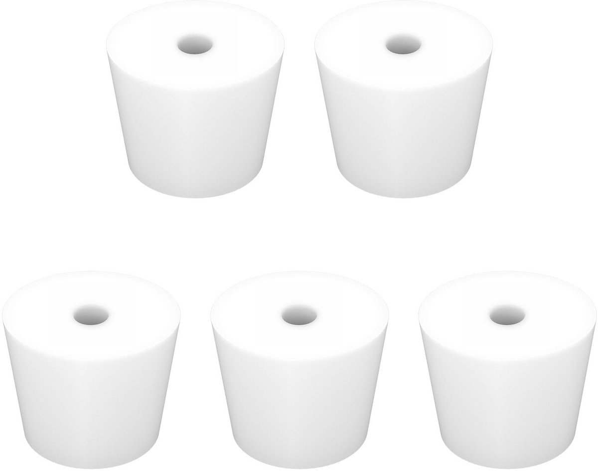 Set van 5 Siliconen Stoppen #8 Conisch Wit met 8 mm Gat Herbruikbaar voor Laboratoriumglaswerk Luchtdichte Afdichting voor Experimenten en Reageerbuizen