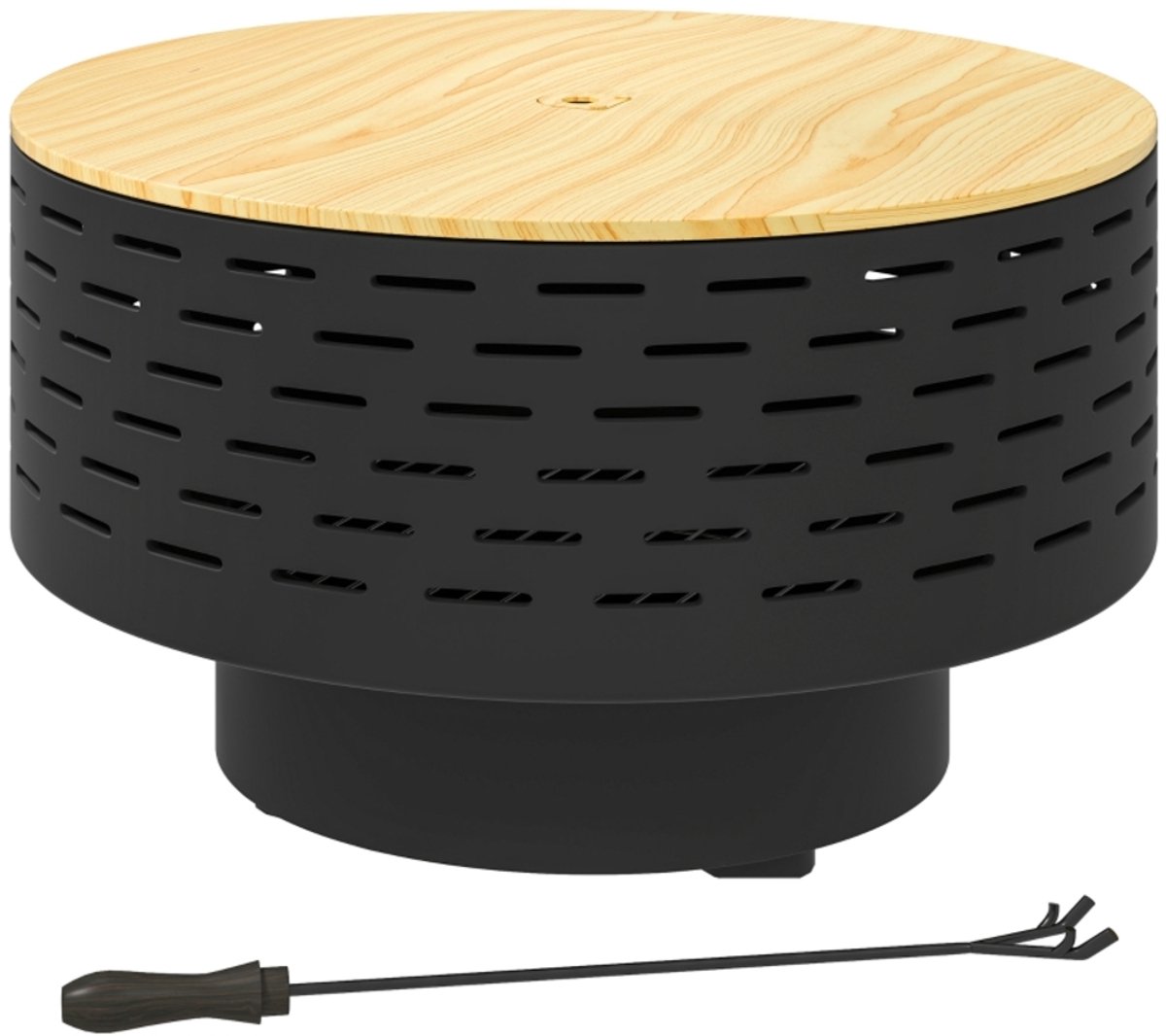 DESMIU Vuurschaal – 3-In-1 Functie – Ø60 x 39 cm – Roestvrij Staal – Houtlook Deksel – Houtskoolgrijs – Grill En Tuintafel