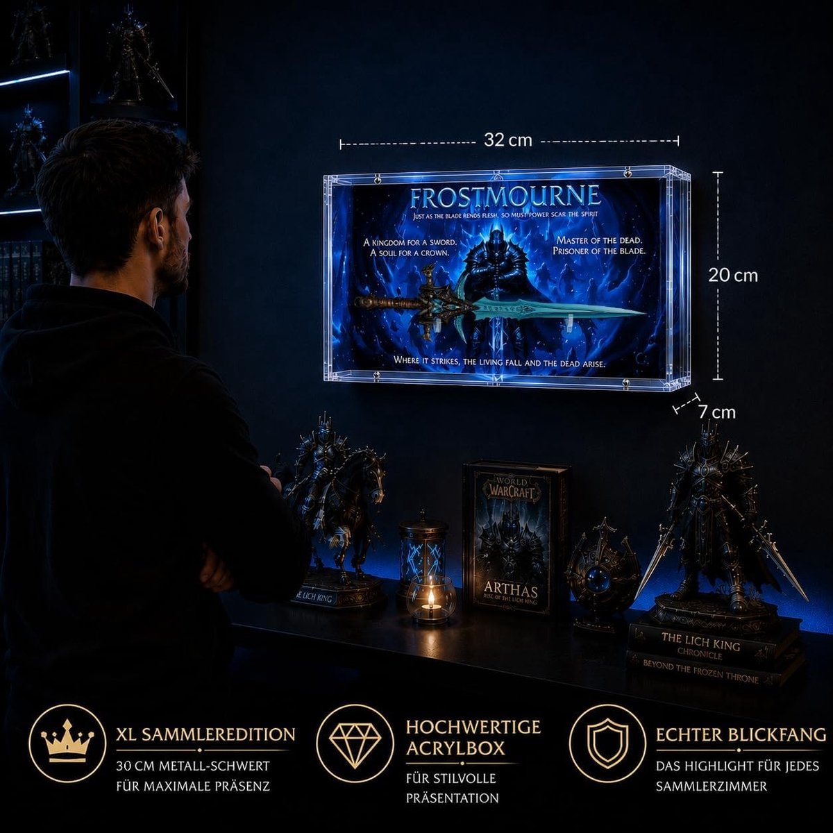 Frostmourne XL Brievenopener - Zwart - 30 cm - Massief Metaal met Acryl Vitrine - Voor Warcraft Fans