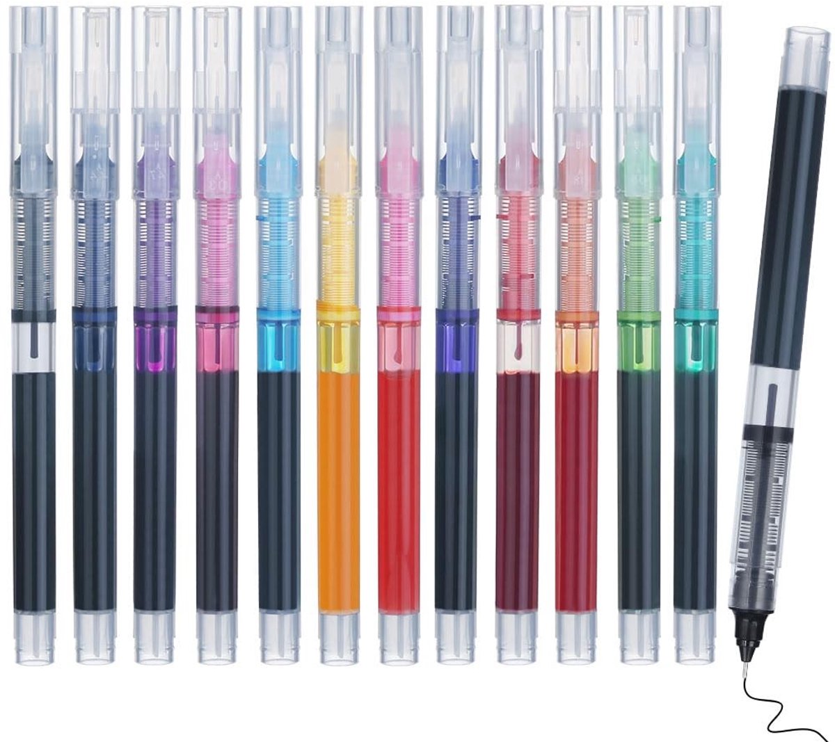 SolidKeus - 12 Stuks Vloeibare Inkt Balpennen 0.5mm Meerkleurig