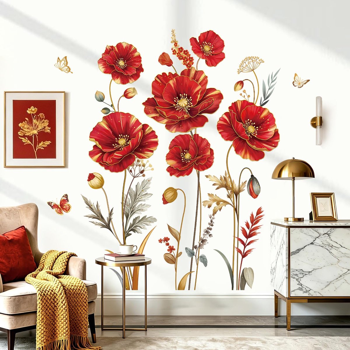 SolidKeus - Rode en Gouden Poppy Muurstickers voor Woonkamers