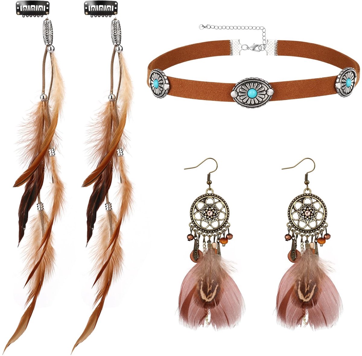 SolidKeus - Bohemian Retro Sieraden Set met Veren en Dromenvanger