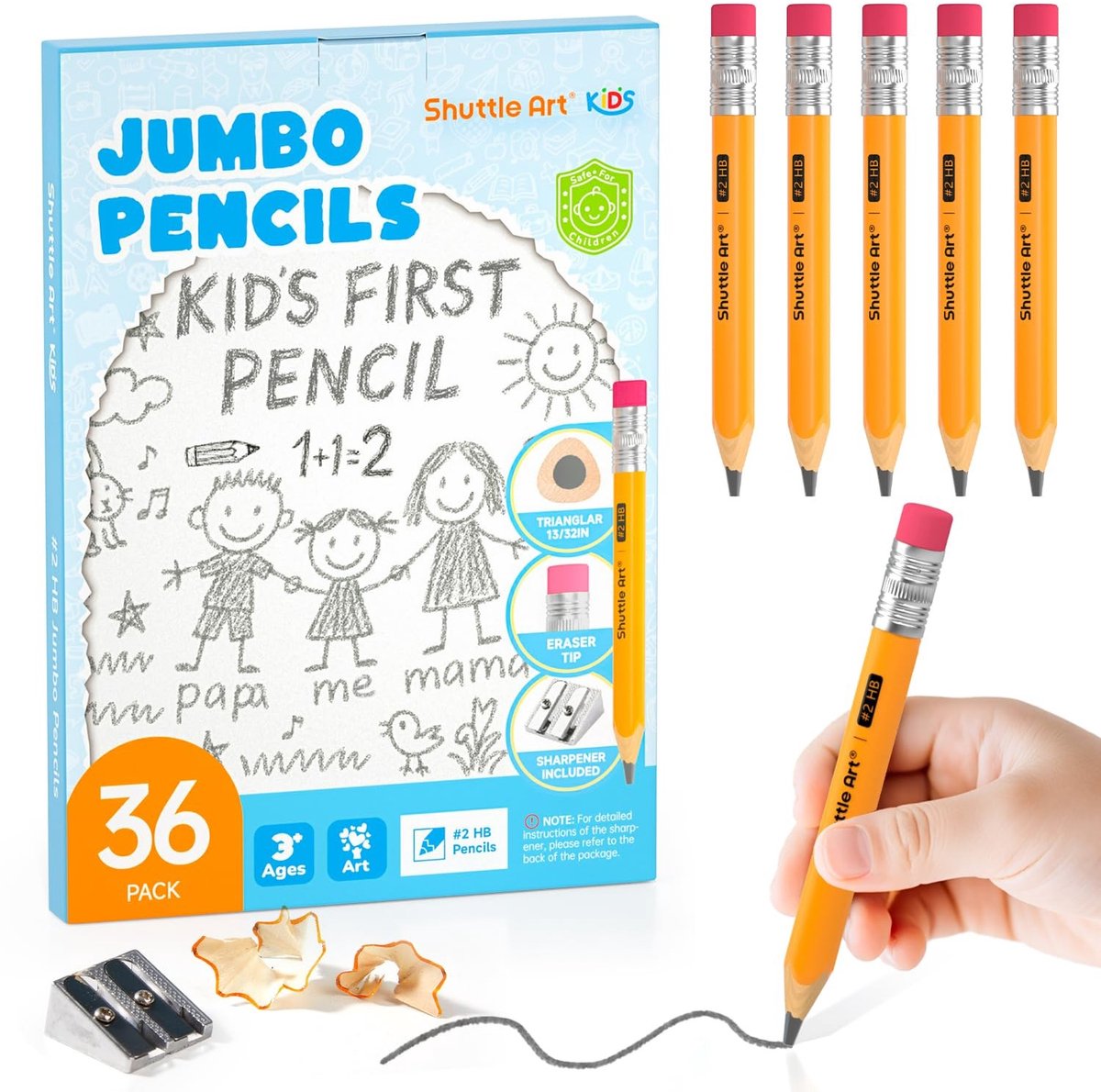 SolidKeus - Jumbo Potloden Set van 36 met Gummen en Puntenslijper