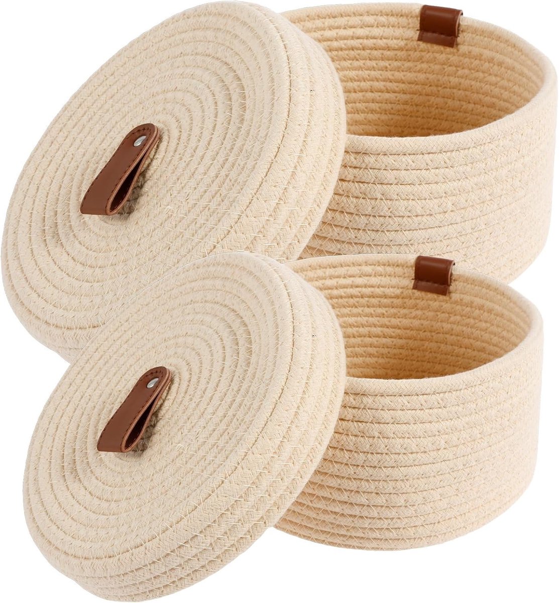 Handgeweven Opbergmanden van Katoen met Deksel, Stapelbare Mand voor Badkamer, Woonkamer en Kinderkamer, Beige, Set van 2