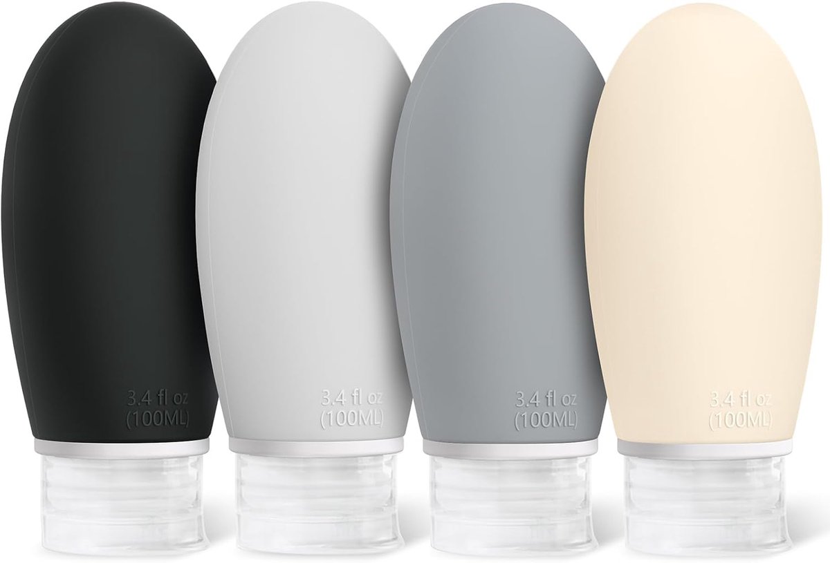 4 stuks 100 ml siliconen reisflessenset met etiketten, Opret lekvrij, navulbaar, leeg, reisflessen om te vullen, cosmetica, shampoo, vloeistoffen, BPA-vrij en TSA-getest, zwart, wit, grijs, lood