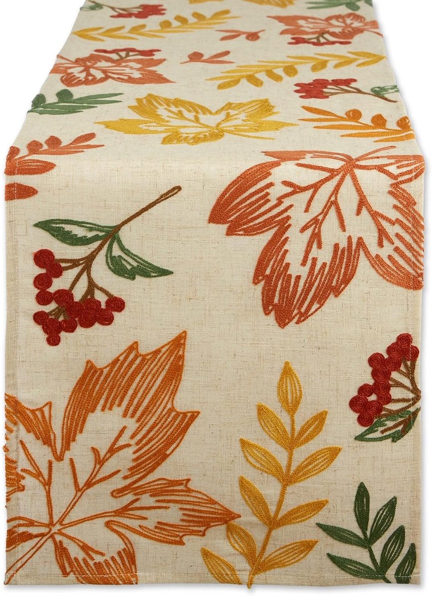 Herfsttafeldecor geborduurd tafelblad voor Thanksgiving Dining, Tafelloper, 14x70, verspreide bladeren