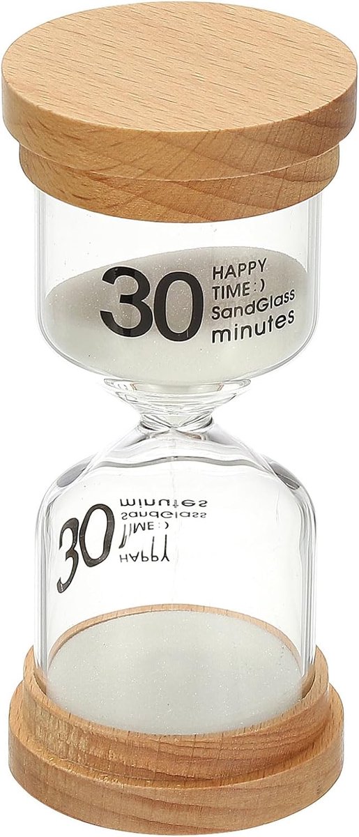 30 minuten zandtimer, houten zandhorloge, hoge borosilicaatglas, zandloper, zandklok, voor games, klaslokaal, keuken, kantoor, woondecoratie, wit