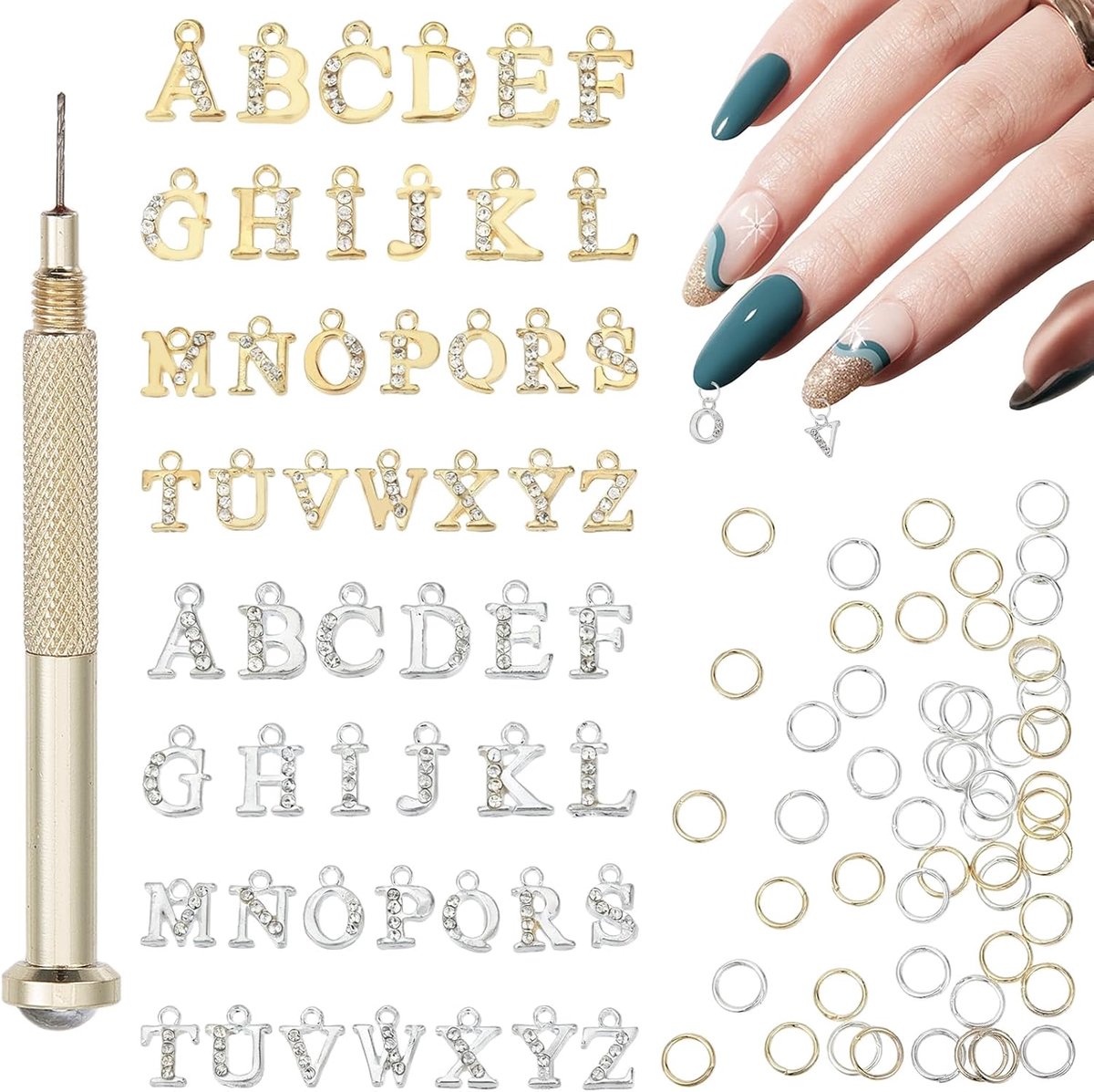 56 stuks letterhangers voor nagels, letters, alfabet AZ en strass voor 3D-piercing