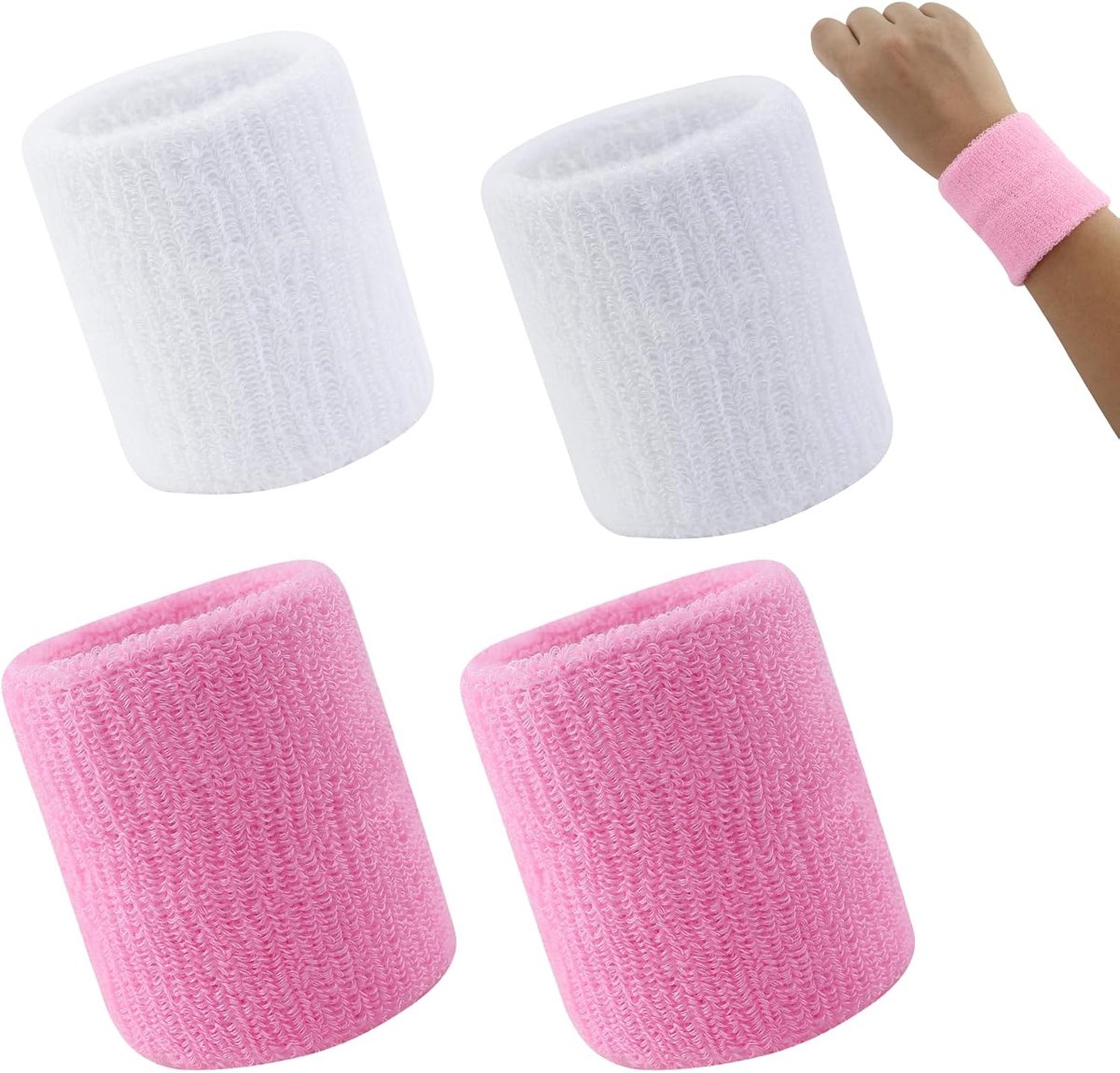 Polsbanden voor dames, heren, kinderen, set van 4 zweetbanden, fitnessarm, zweetband voor tennis, handbal en hardlopen, zweetbanden, polsband, roze en wit
