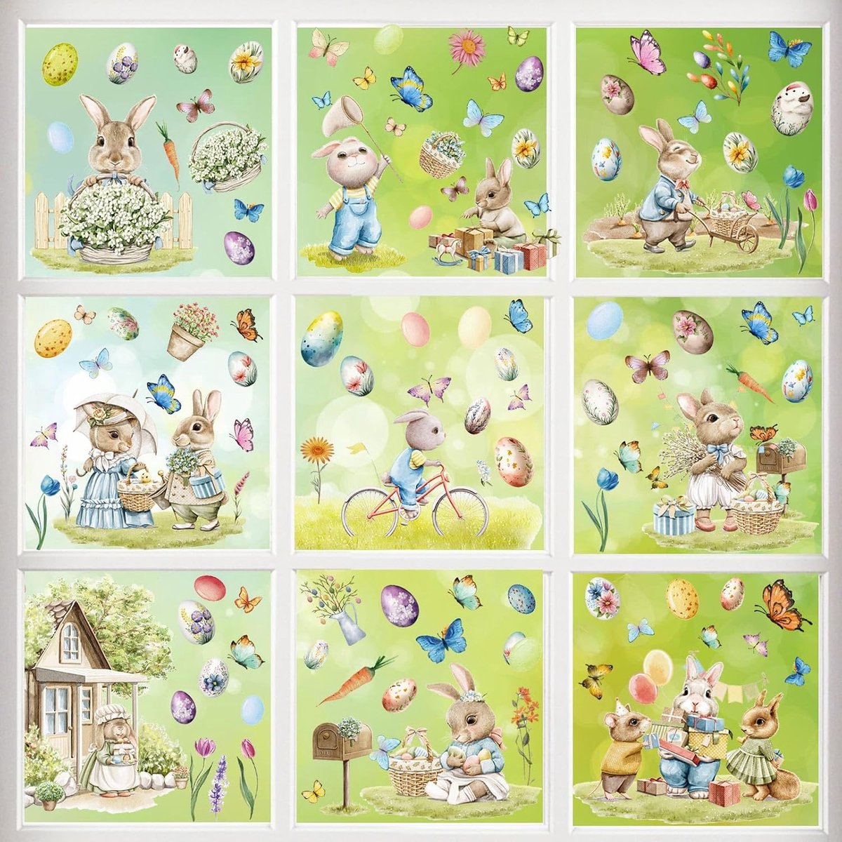 Pasen raamklampt zich vast, 9 vellen paasraamstickers Happy Easter herbruikbare statische lente venster klampt paashaaseieren kuiken wortel vlinder stickers voor paasfeestdecoraties