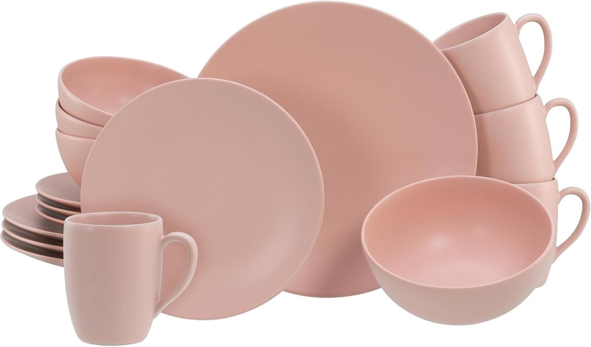 21914 Soft Touch Peach, 16-delige serviesset voor 4 personen, combiservies van aardewerk, vaatwasser- en magnetronbestendig, Made in Portugal