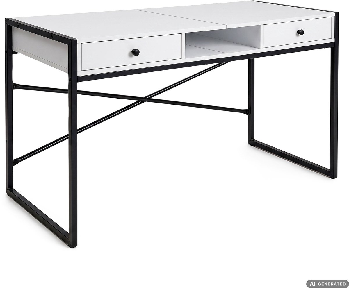 Computertafel Bureau ELONIS / Industrieel / 123 cm / Wit / 2 Lades / 1 Plank / Zwarte Poten