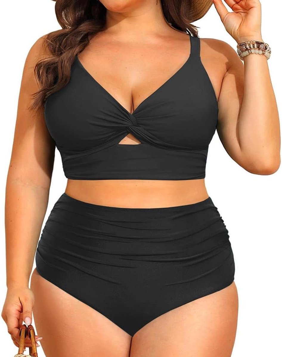 2-delige plus size badpak push-up bikini sets voor vrouwen hoge taille buikcontrole zwemshorts twist knoop badmode ruches badpakken