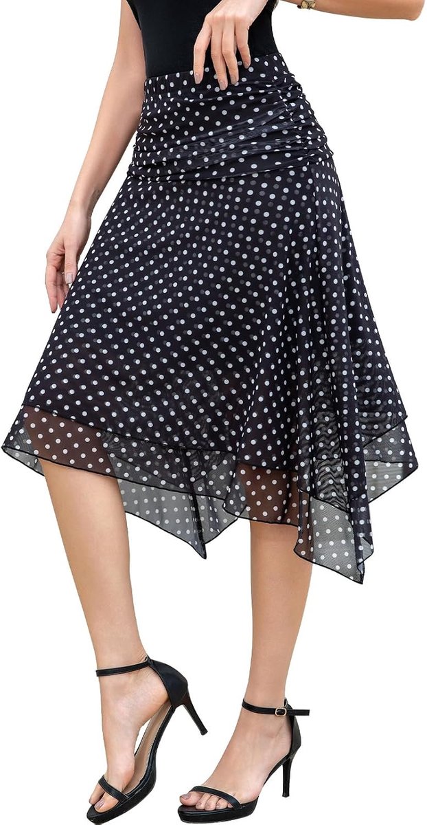 Damesrok met hoge taille, midi-mesh, doorschijnend gelaagd ontwerp met voering, onregelmatige zoom, knielengte, elegante zomerse A-lijn rok