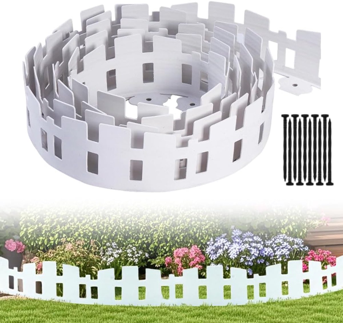 Kunststof, 33 ft, bloembedomranding van kunststof, extra hoog, 11,6 cm, met 60 palen, flexibel begrenzingshek en perkafsluiting voor tuin, onkruidfolie en gazons, wit