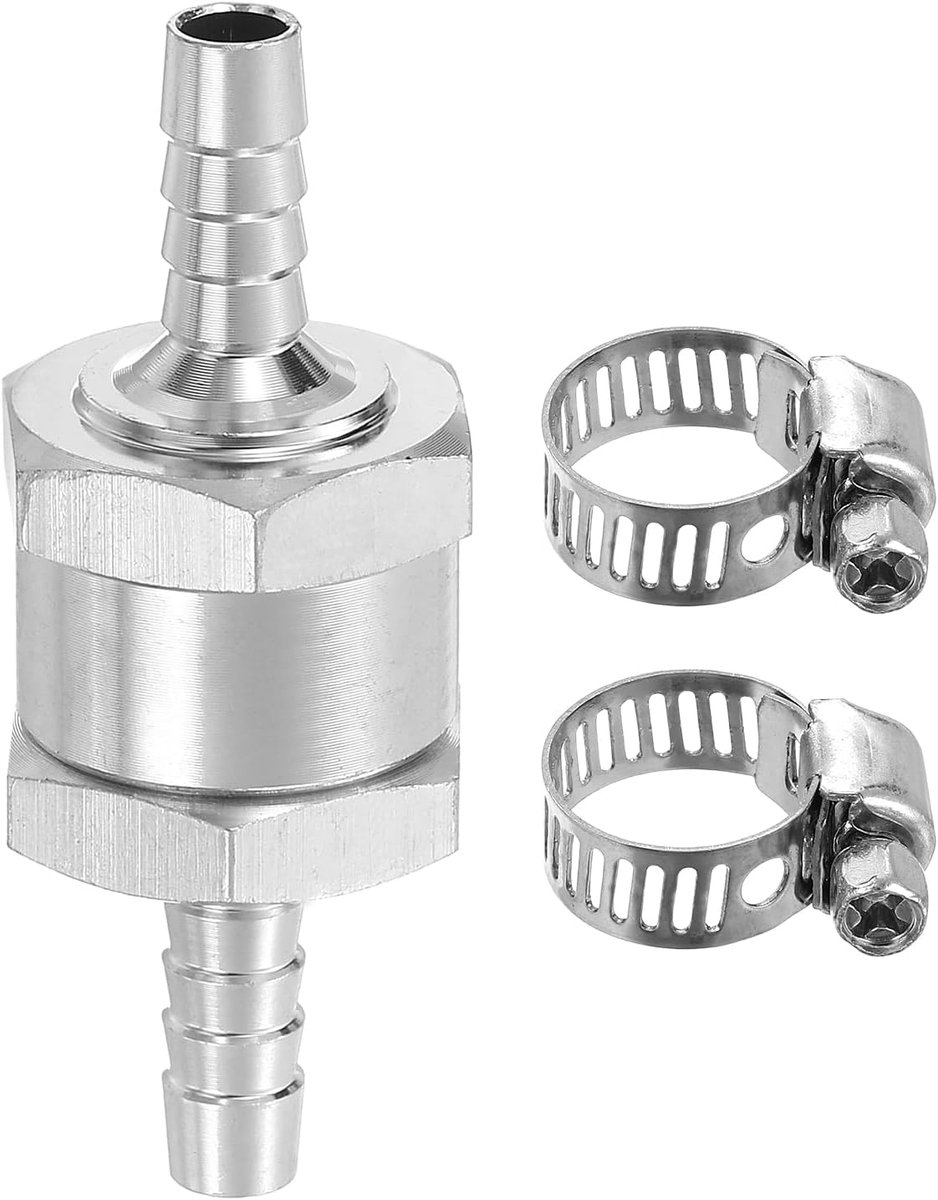6 mm (1/4") brandstof-terugslagventiel, wegwerp-terugslagklep met klemmen, aluminiumlegering, besturingsaccessoires voor benzine, diesel, gas, olie, lucht, water, zilver