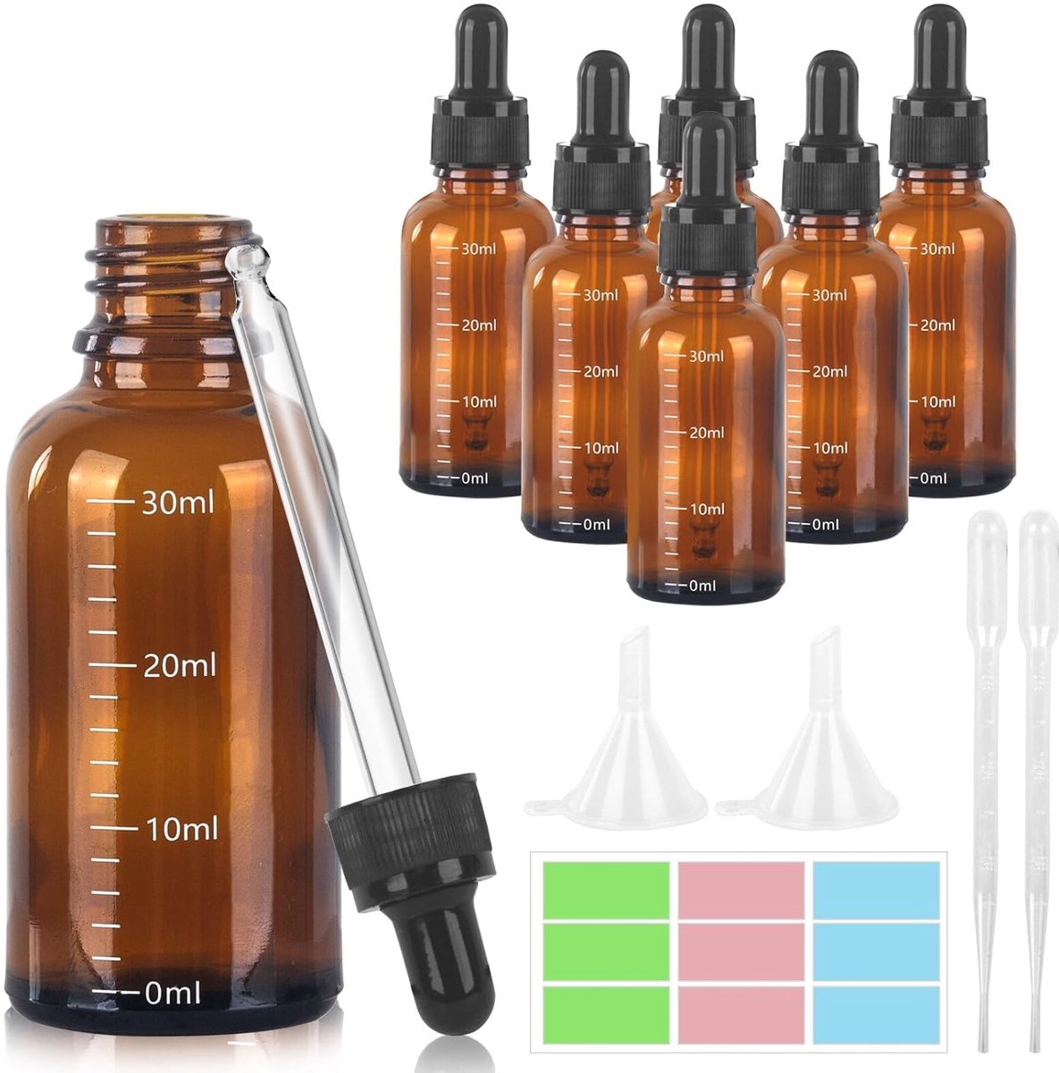 Druppelflessen van glas, 30 ml, bruin, met 2 trechters, 2 pipetten, 1 sticker, navulbare flessen voor laboratorium etherische oliën
