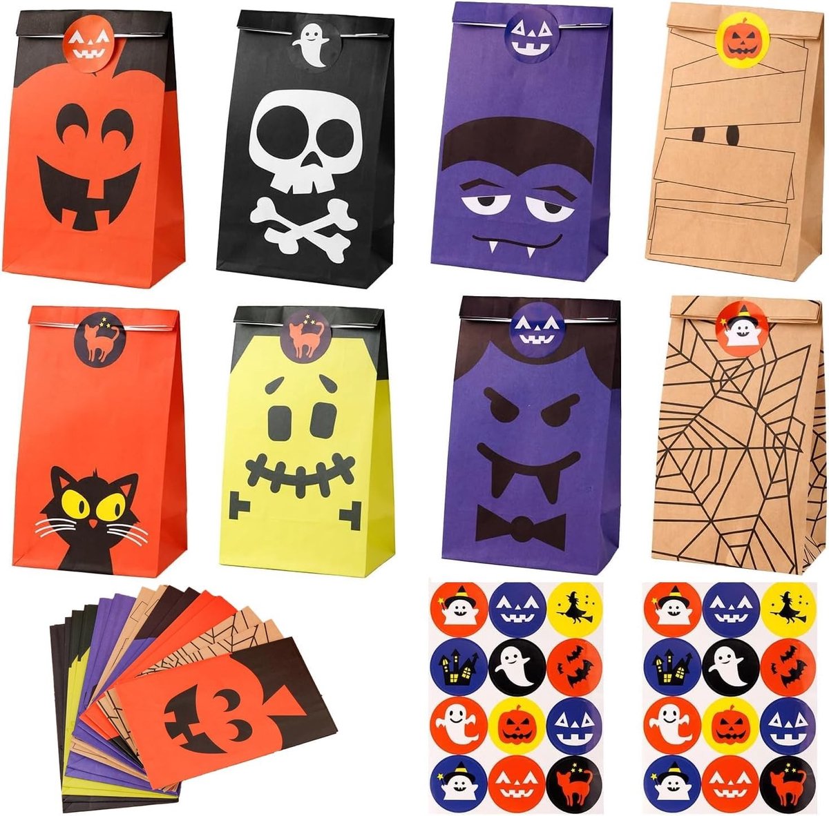 Halloween Goodie Bags voor Kinderen met Stickers - Bruine Papieren Snoepzakken voor Feestjes en Trick or Treat (10x6x18cm)