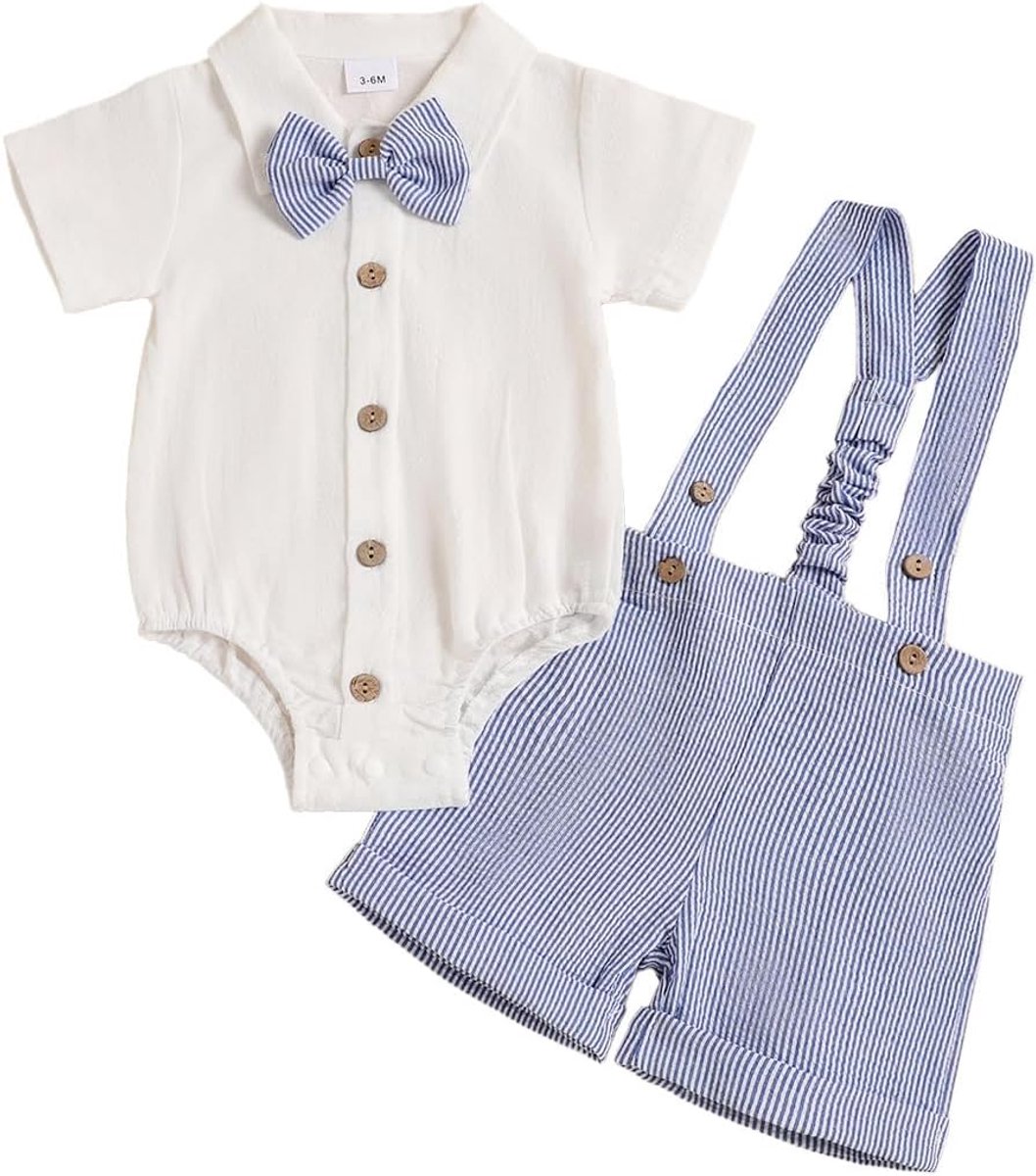 Zomer Herfst Gentleman Outfit Effen Korte Mouw Top met Strik + Gestreepte Overall Shorts Cake Smash Verjaardag Kleding