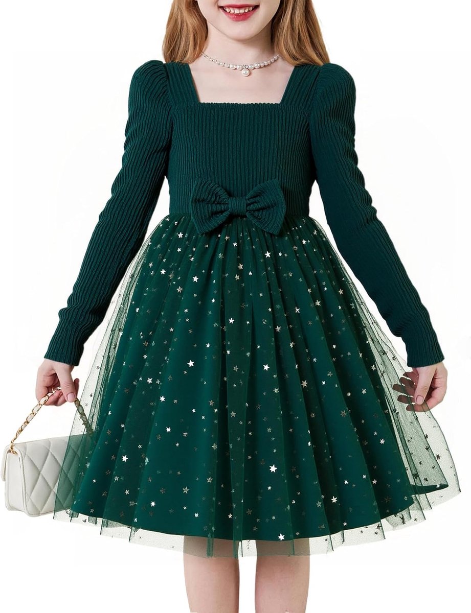 Meisjesjurk met lange mouwen, kinderjurk, glinsterende tule, prinsessenjurk, elegante feestjurk voor 2-7 jaar (96-122)