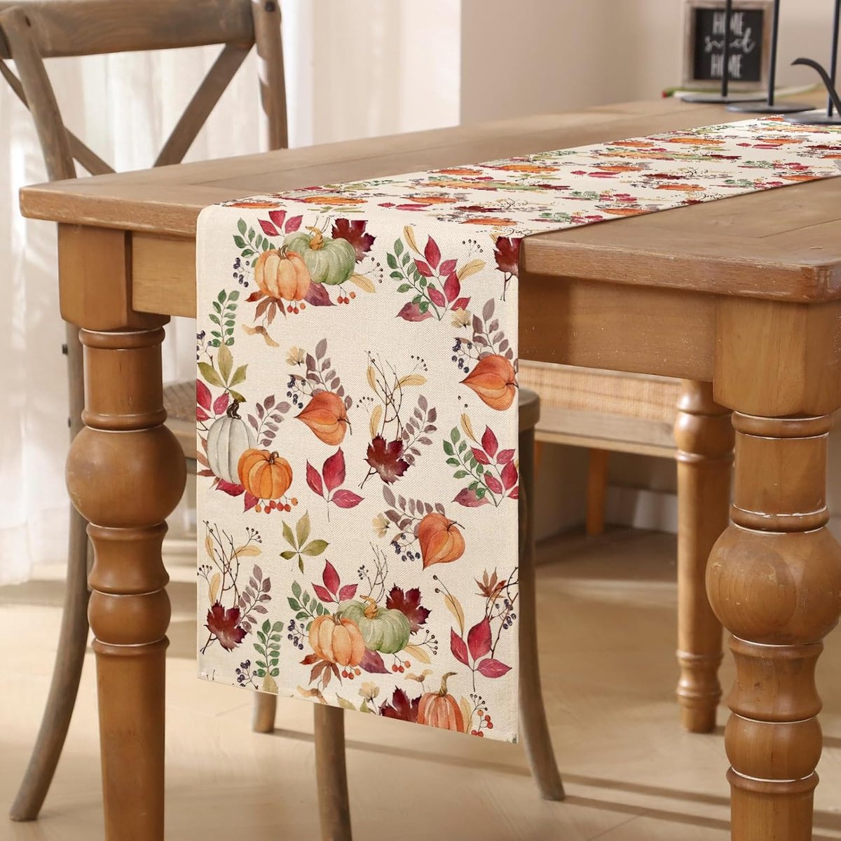 Tafelloper herfst 40 x 140 cm oranje groene bladeren pompoenen esdoornbladeren herfstdecoratie afwasbaar tafelloper landelijke stijl keuken tafelkleed voor eettafel, binnen en buiten, binnen vakantie