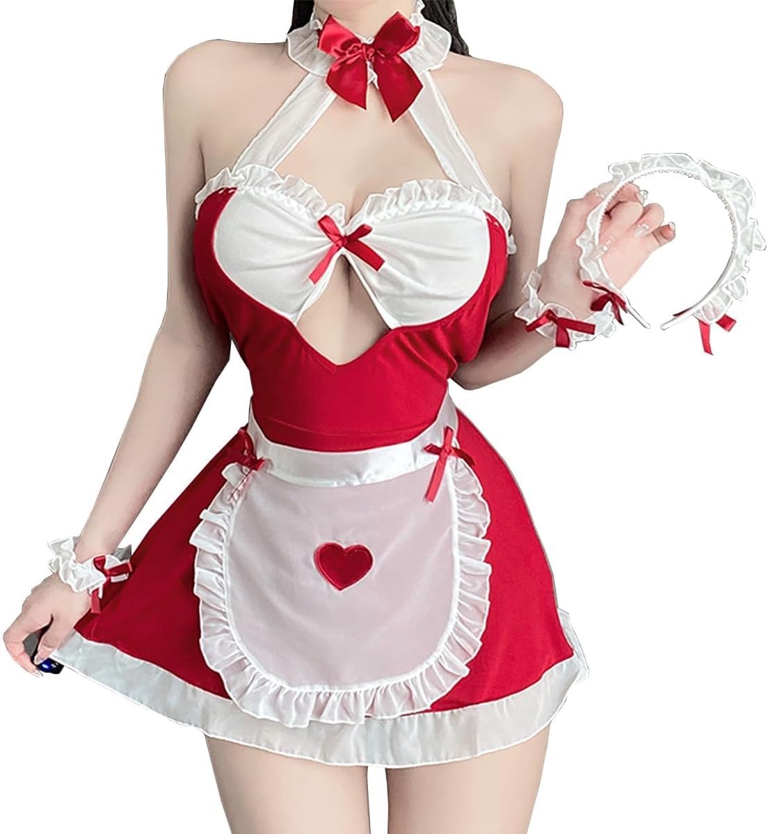 Dienstmeisje outfit Lolita Cosplay Lingerie Kawaii Maid schort Sexy Frans dienstmeisje jurk Halloween kostuum uitgehold veter-nekhouder babydoll-jurk