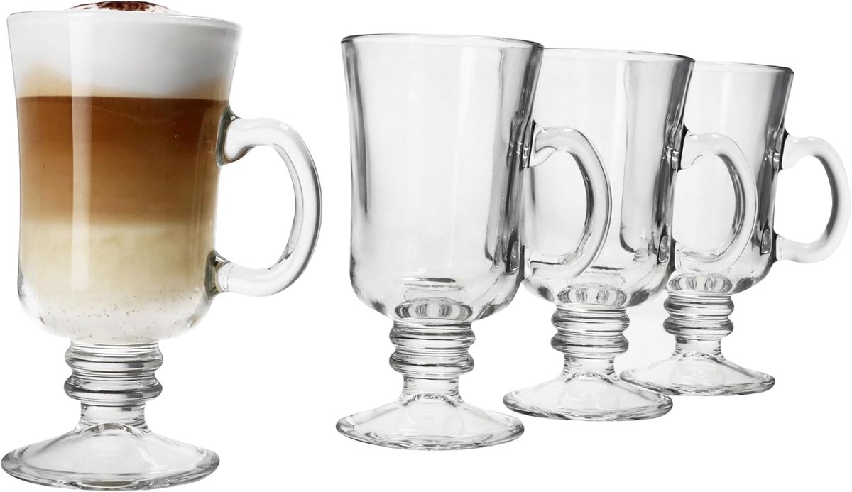 Ierse koffieglazen, set van 4 stuks, 180 ml, hoogte 14,8 cm, voor 4 personen, helder koffieglas met handvat en voet, transparante theeglazen, glas voor warme chocolade, glühwein, punch & co
