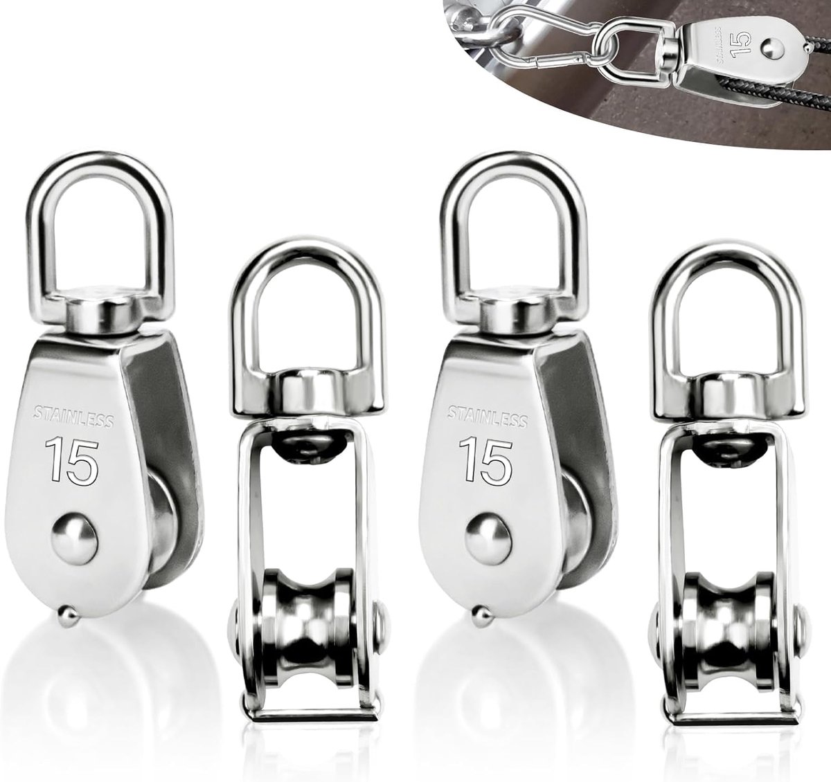 4 stuks katrol, klein, 15 mm, kabelrol, katrol M15, katrollen voor touwen, draagkracht 35 kg, roestvrij staal, 304, kabelrol, fitness met kogellagers voor kabels tot 6 mm diameter