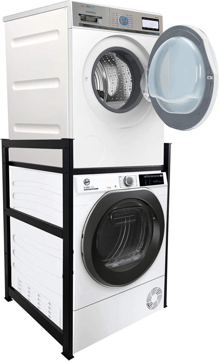 Wasmachinerek 74x65x111cm zwart | Opbergrek voor wasmachine en droger boven elkaar | Badkamer staand rek wasmachinekast kelder