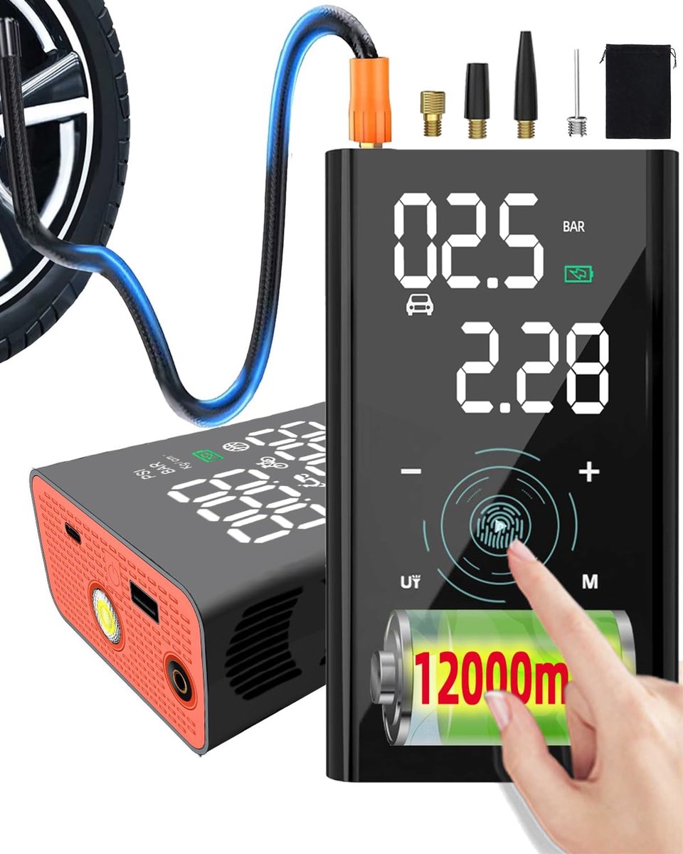 12000 mAh acculuchtpomp voor de auto, 4 x snelle mini-compressor, 150 psi accu, fietspomp, alle ventielen, elektrische luchtpomp voor auto, klein met manometer, lamp, type C, voor