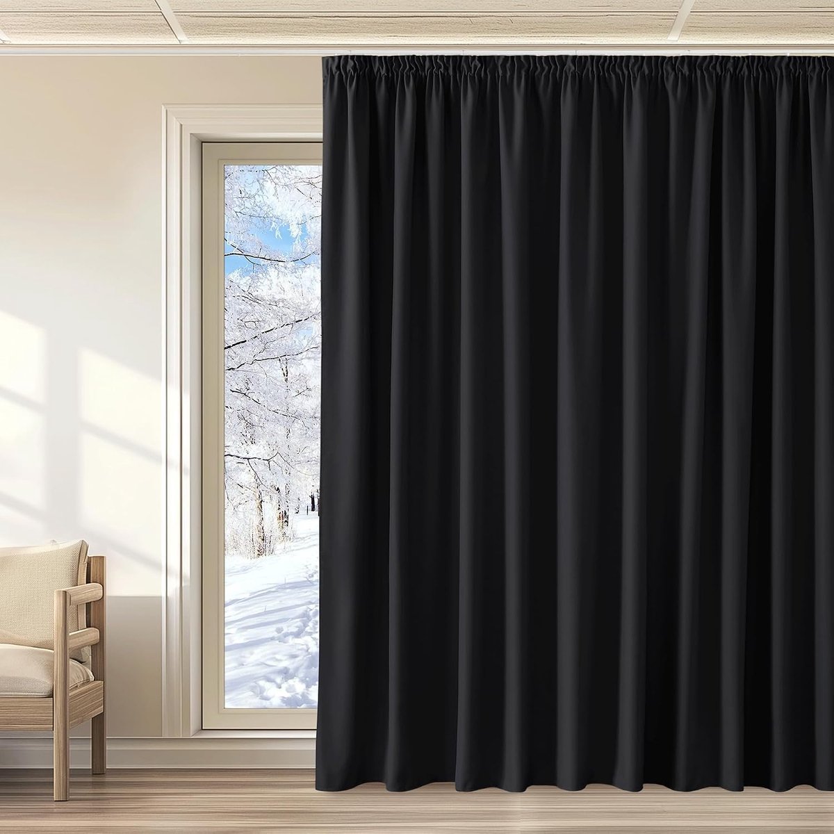 Gordijn, zwart, plooiband, ondoorzichtig, thermisch, grote breedte | L 300 x H 260 cm, 1 paneel, ondoorzichtig, hitte/uv-bescherming, voor grote ramen, woonkamer, slaapkamer, ruimteverdeler