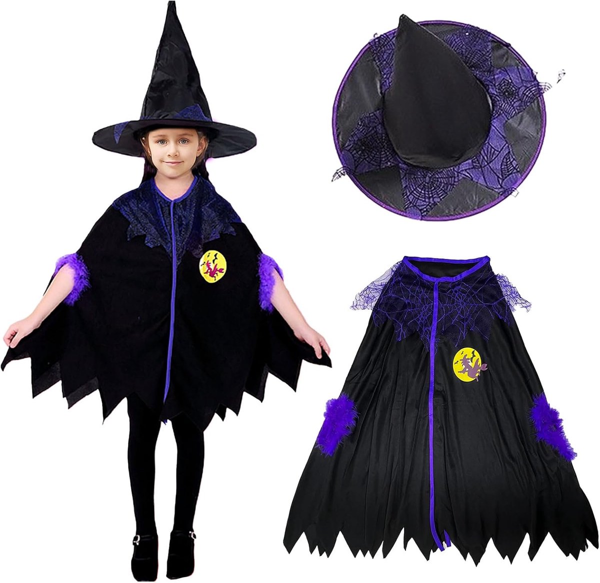 Heksenkostuum voor kinderen, 2 stuks, heksenkostuum voor meisjes, heksencape met hoedenset, Halloween-kostuum, heksenkostuum voor jongens en meisjes, Halloween-vampier-rollenspel kostuum,