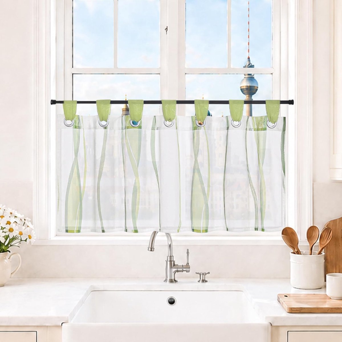 Leonie transparante gordijnen met lussen, roede, gestreept, keukengordijn, raamdecoratie, groen, h x b 60 x 120 cm | Kurzstore, 1-delige verpakking, keukengordijnen transparant, keukengordijnen modern, gordijnen kort, raamgordijnen landhuis
