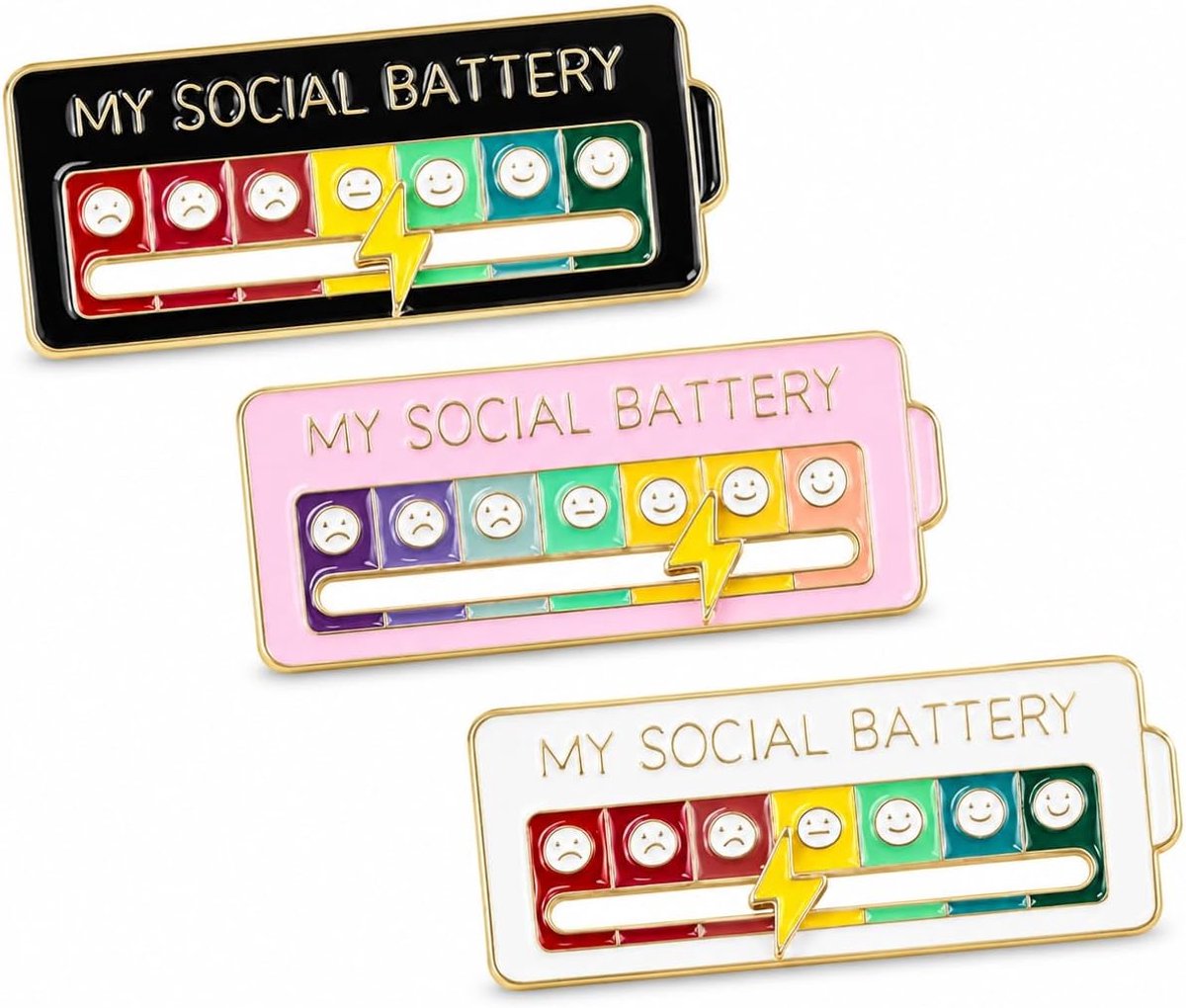 3 pinnen sociale batterij broche, interactieve humor, zwart, wit, roze