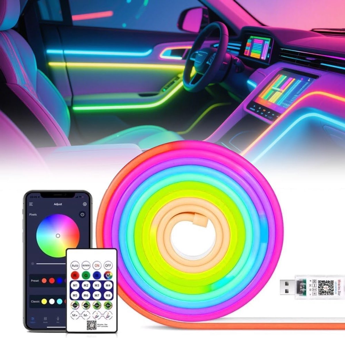 2m RGB neon LEDstrip, IP67 waterdicht, flexibel met app-besturing en afstandsbediening, zelfbouw, muzieksynchronisatie, kleurverandering, voor feesten en woonkamer