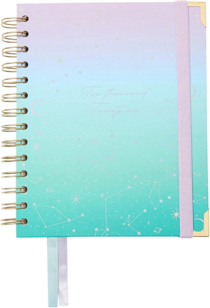 Agenda 2026 - Formaat A6 (13,5x18 cm), Weekoverzicht, Jaarplanner 12 Maanden Januari tot December, Dubbele Gouden Spiraal, Dubbele Bladwijzers, Elastiek, Spaans en Engels - Diana