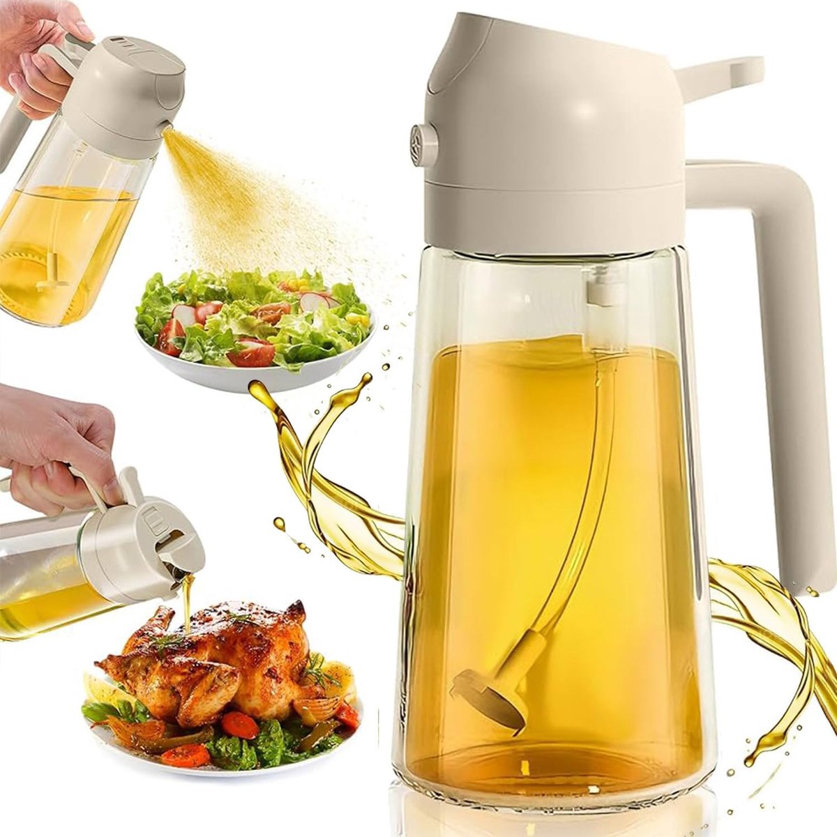Oliesproeier voor keuken, dispenser, spray, glasolie, lekvrij, luchtfriteuse, diffuser, spuitfles, doseerder, 450 ml, 2-in-1 functie, ideaal voor het koken.