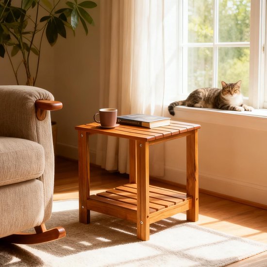 Teak Bijzettafel Buiten, Patio Eindtafel Dubbele Laag - Houten Koffie Accent Tafels voor Achtertuin, Tuin, Bed, Woonkamer, Bank — afbeelding 3